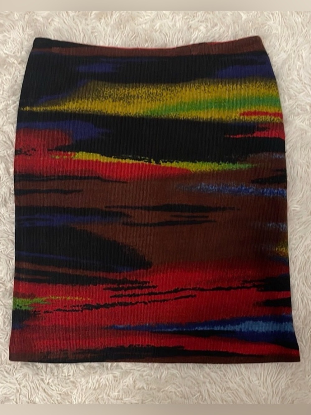 Abstract Multi-Color Pencil Skirt — Red & Brown Print